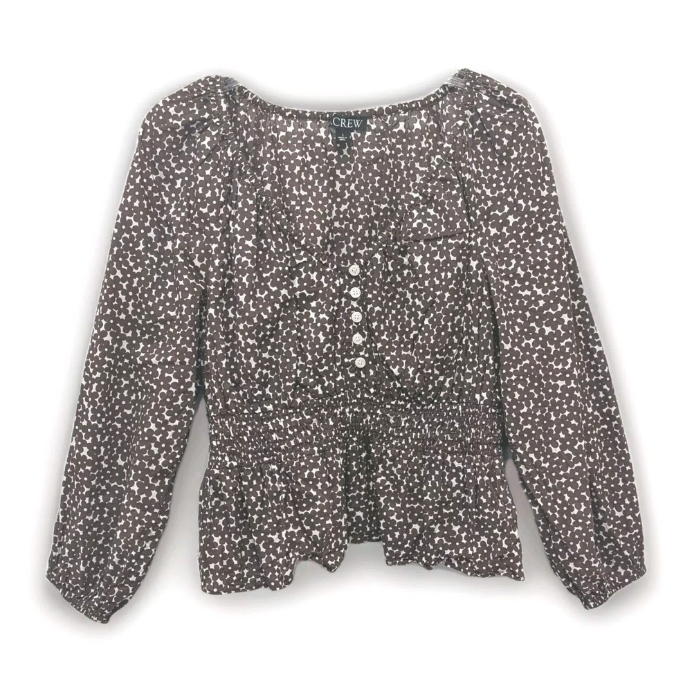 J Crew Peasant Smock Top Size Small V-Neck Brown Floral Buttons Cottagecore Boho